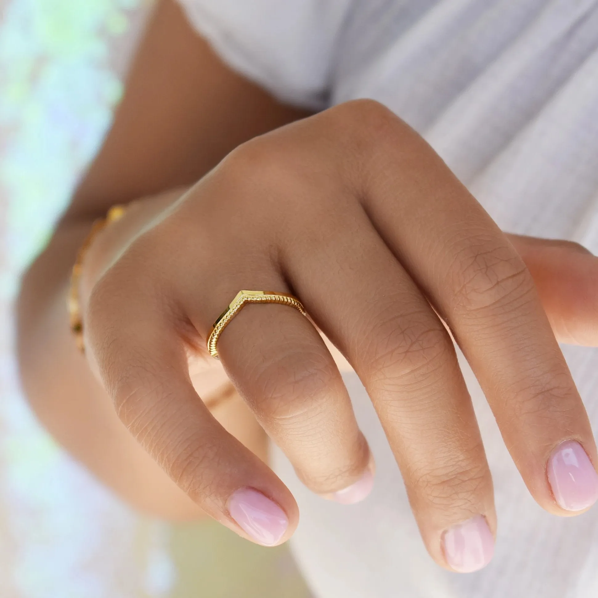 10k Solid Gold Textured & Smooth Chevron Ring
