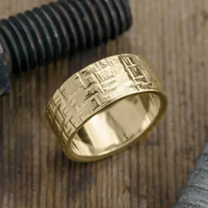 10mm 14k Yellow Gold Mens Wedding Band, Textured Polished