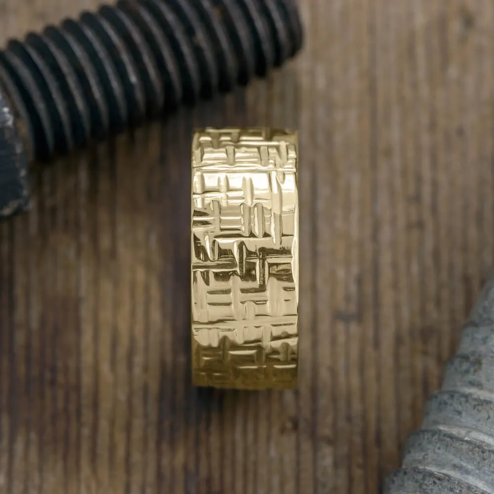 10mm 14k Yellow Gold Mens Wedding Band, Textured Polished