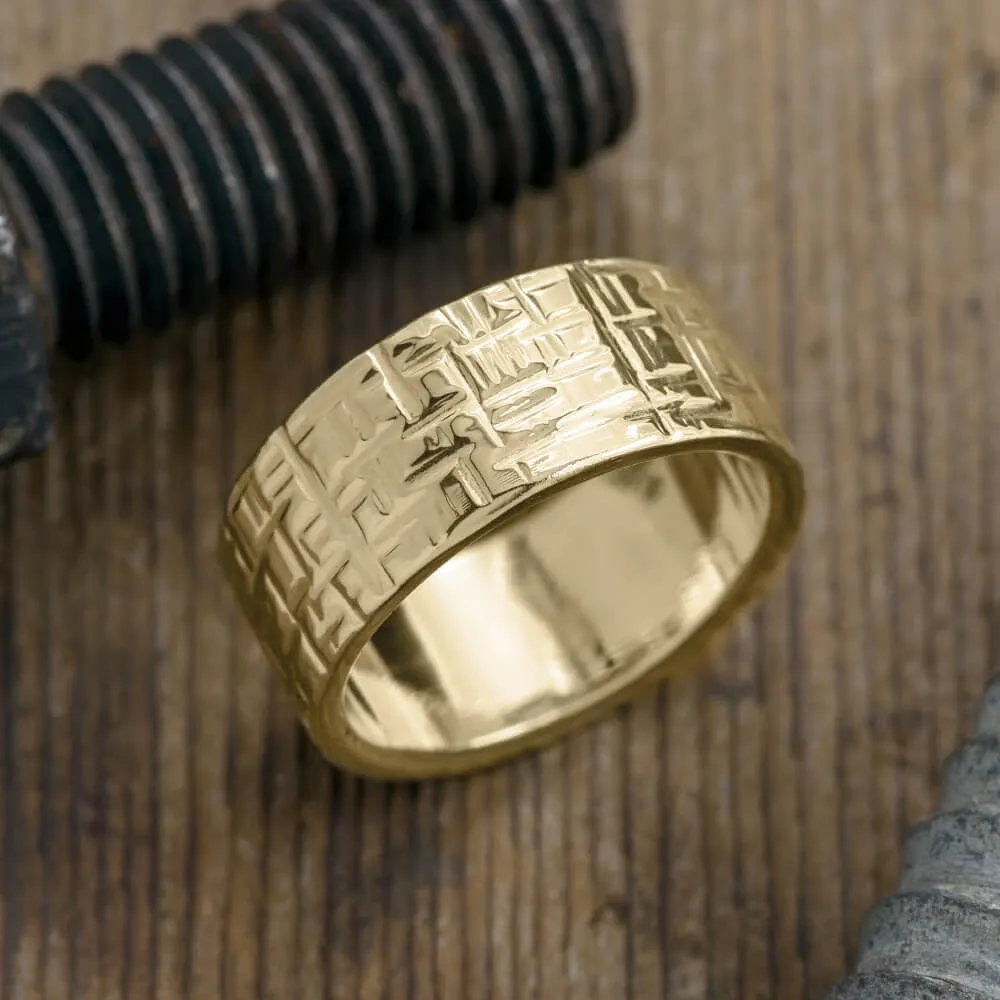 10mm 14k Yellow Gold Mens Wedding Band, Textured Polished