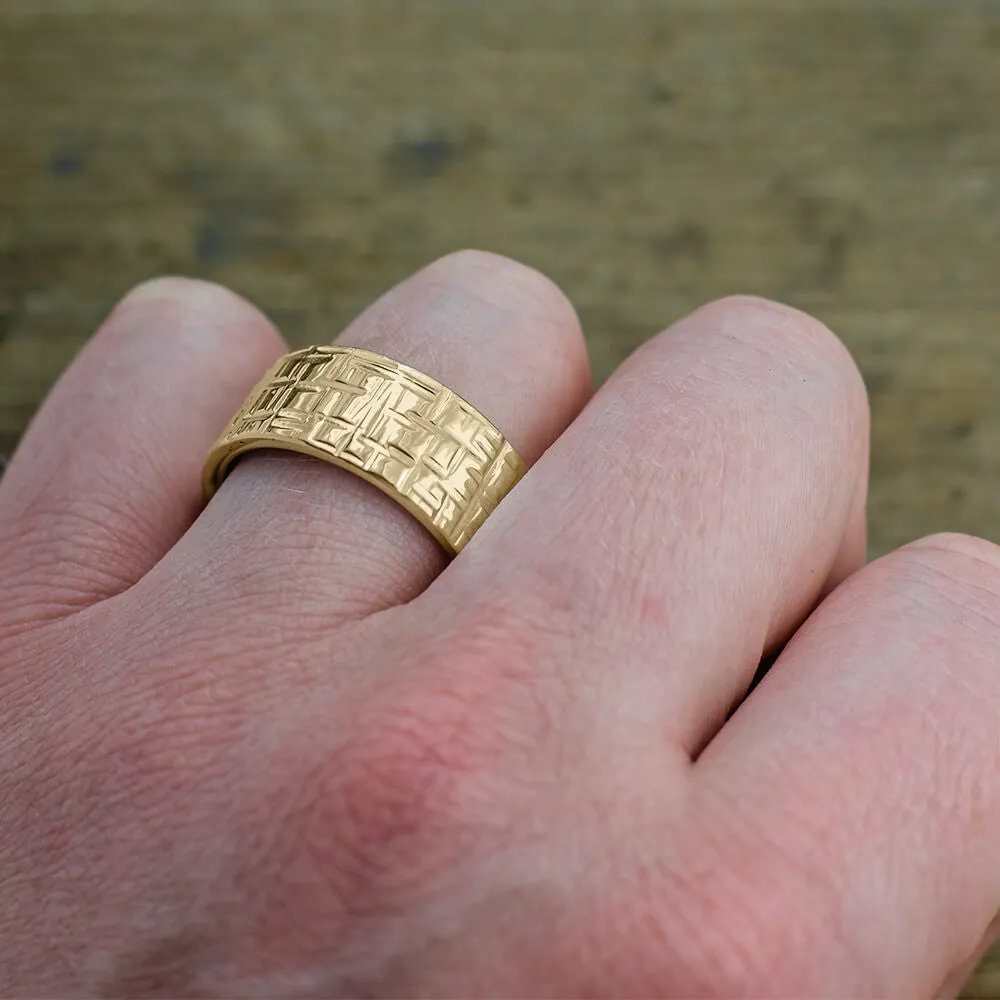 10mm 14k Yellow Gold Mens Wedding Band, Textured Polished