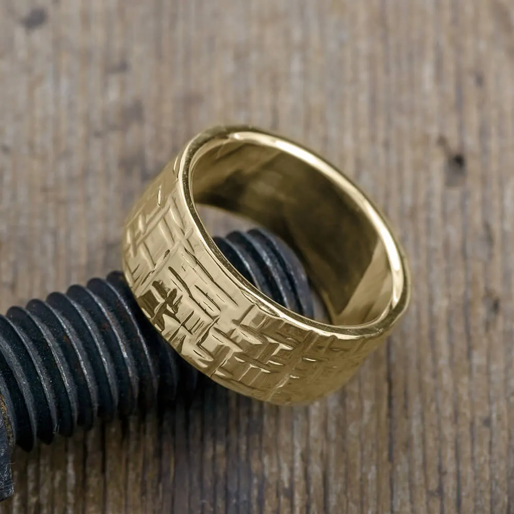 10mm, Comfort Fit, 14k Yellow Gold Mens Wedding Band, Textured Polished