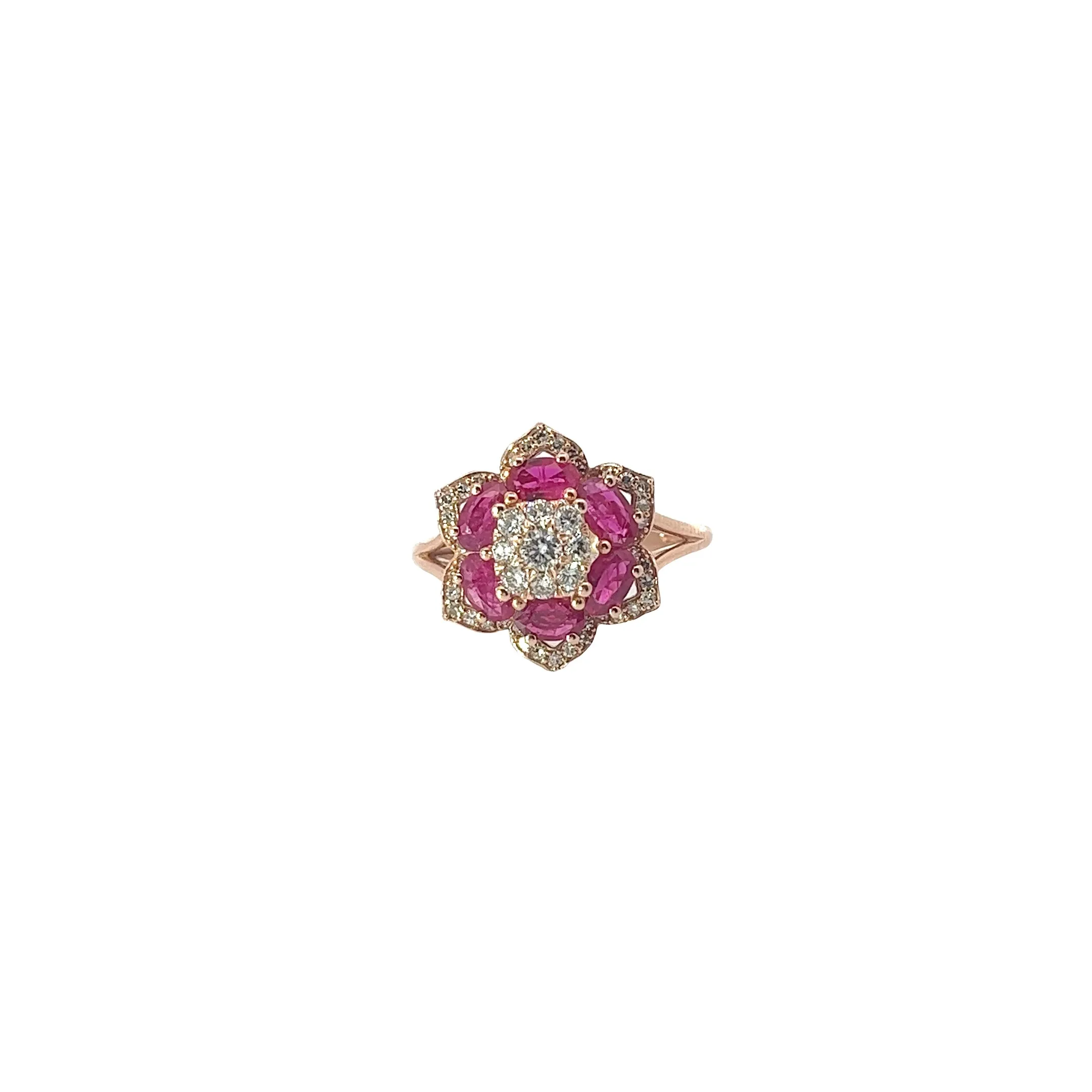 14K ROSE GOLD 1CT TOTAL WEIGHT OF RUBY /.45CT  TOTAL WEIGHT DIAMOND FLOWER RING