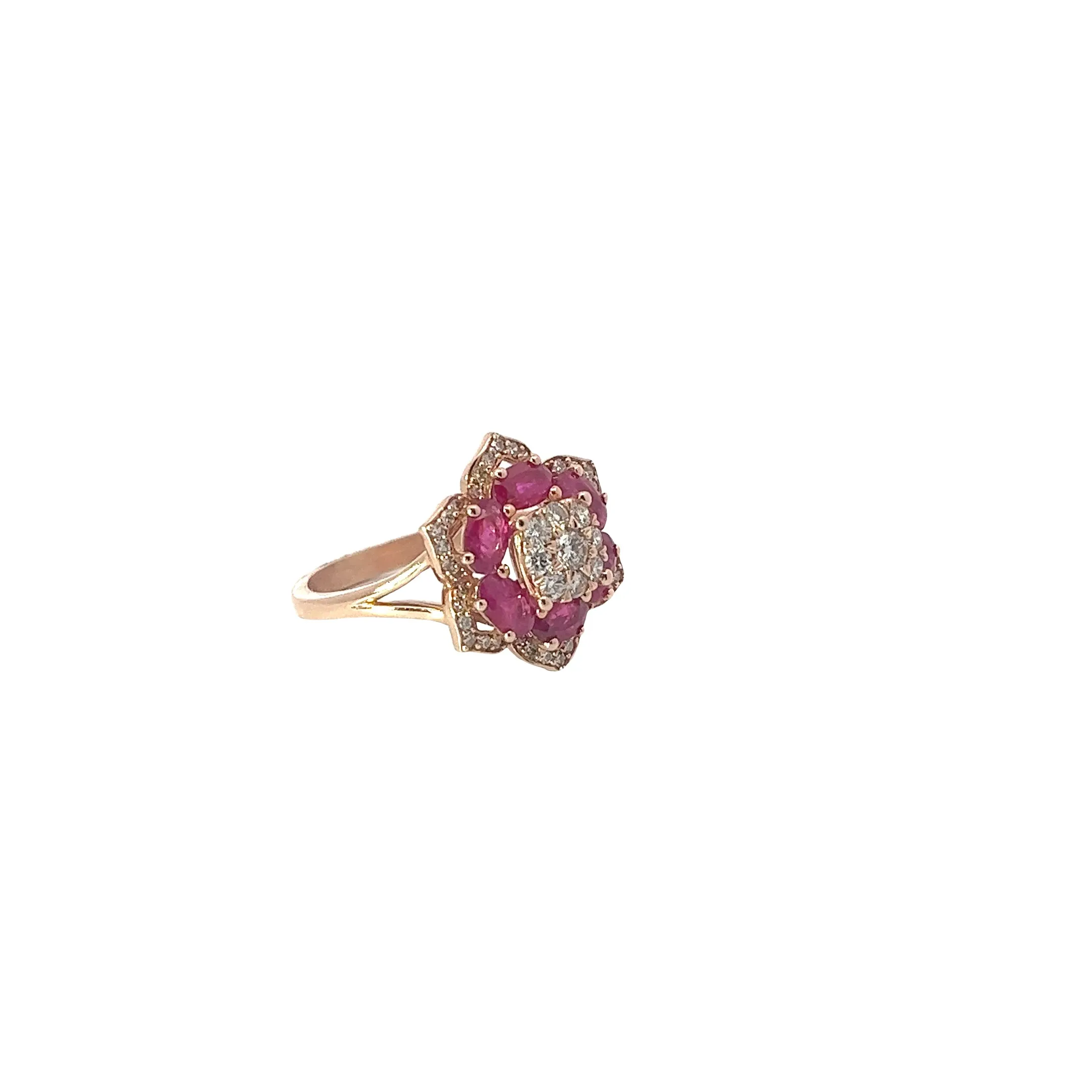 14K ROSE GOLD 1CT TOTAL WEIGHT OF RUBY /.45CT  TOTAL WEIGHT DIAMOND FLOWER RING