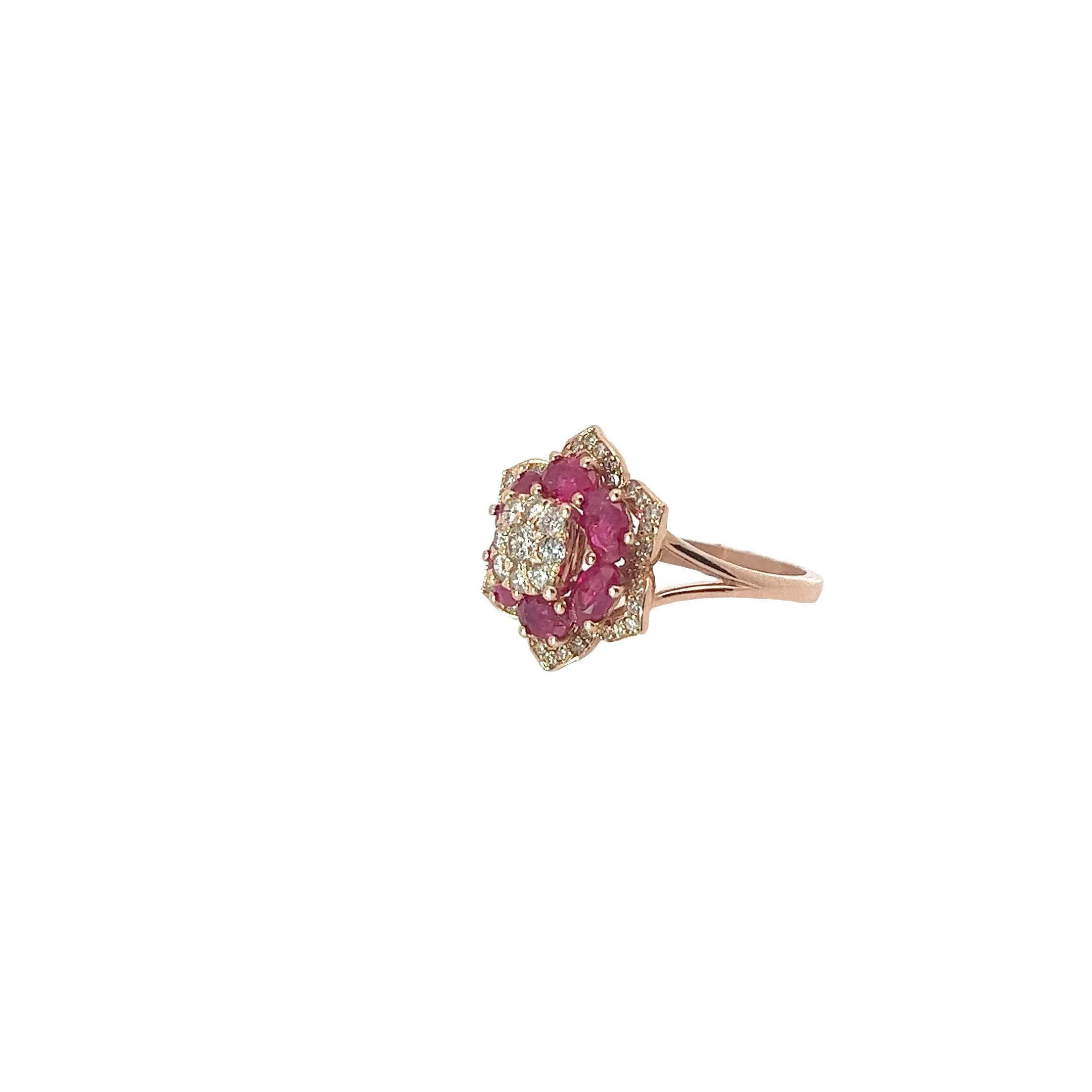 14K ROSE GOLD 1CT TOTAL WEIGHT OF RUBY /.45CT  TOTAL WEIGHT DIAMOND FLOWER RING