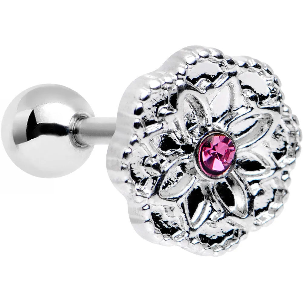 16 Gauge 1/4 Pink Gem Steel Mandala Flower Tragus Cartilage Earring