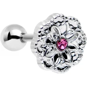 16 Gauge 1/4 Pink Gem Steel Mandala Flower Tragus Cartilage Earring