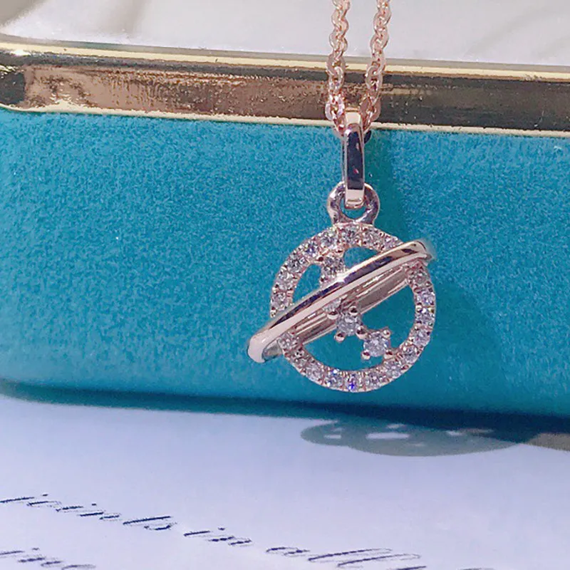 18K Gold 0.085ct Real Diamond Exquisite Planet Pendant Necklace