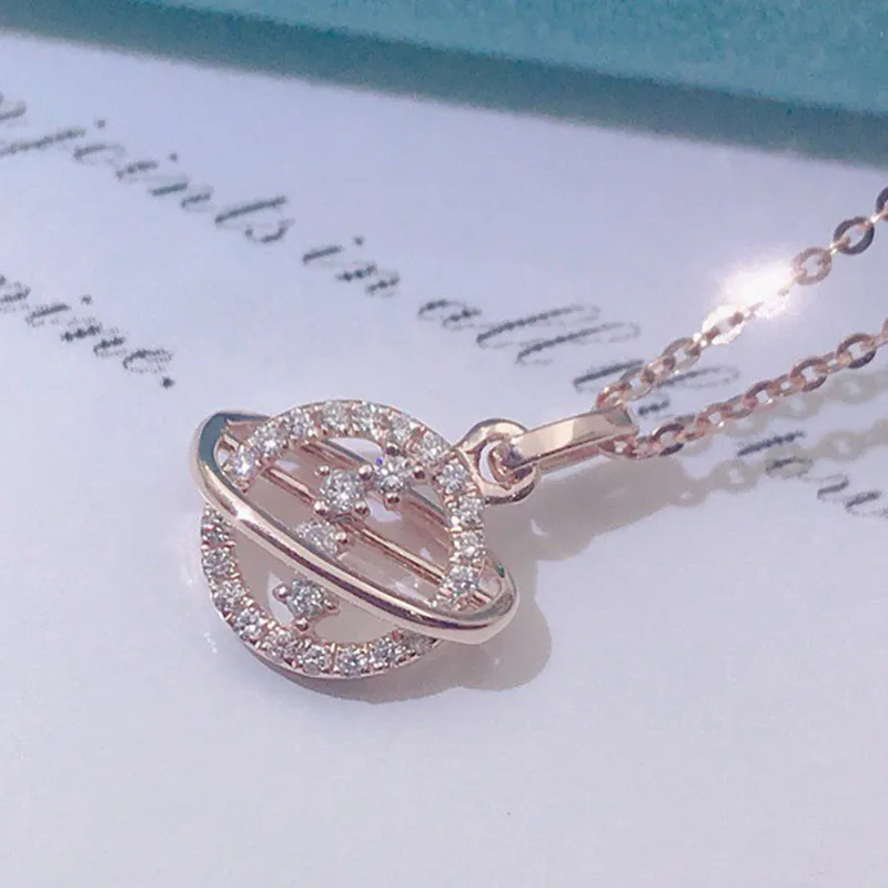 18K Gold 0.085ct Real Diamond Exquisite Planet Pendant Necklace