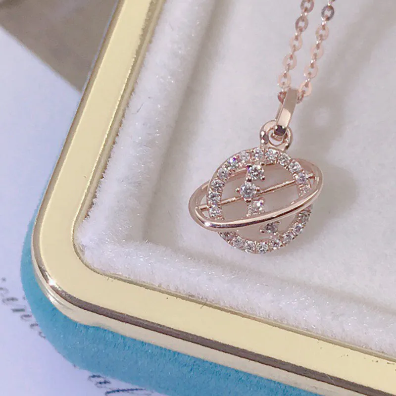 18K Gold 0.085ct Real Diamond Exquisite Planet Pendant Necklace
