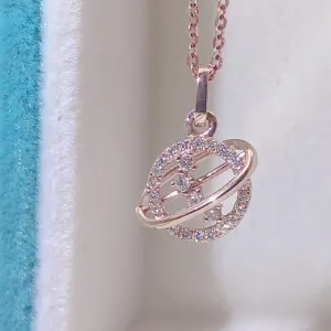 18K Gold 0.085ct Real Diamond Exquisite Planet Pendant Necklace