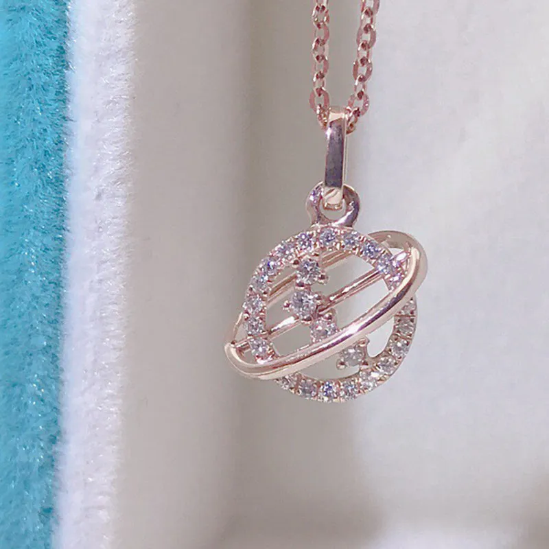 18K Gold 0.085ct Real Diamond Exquisite Planet Pendant Necklace