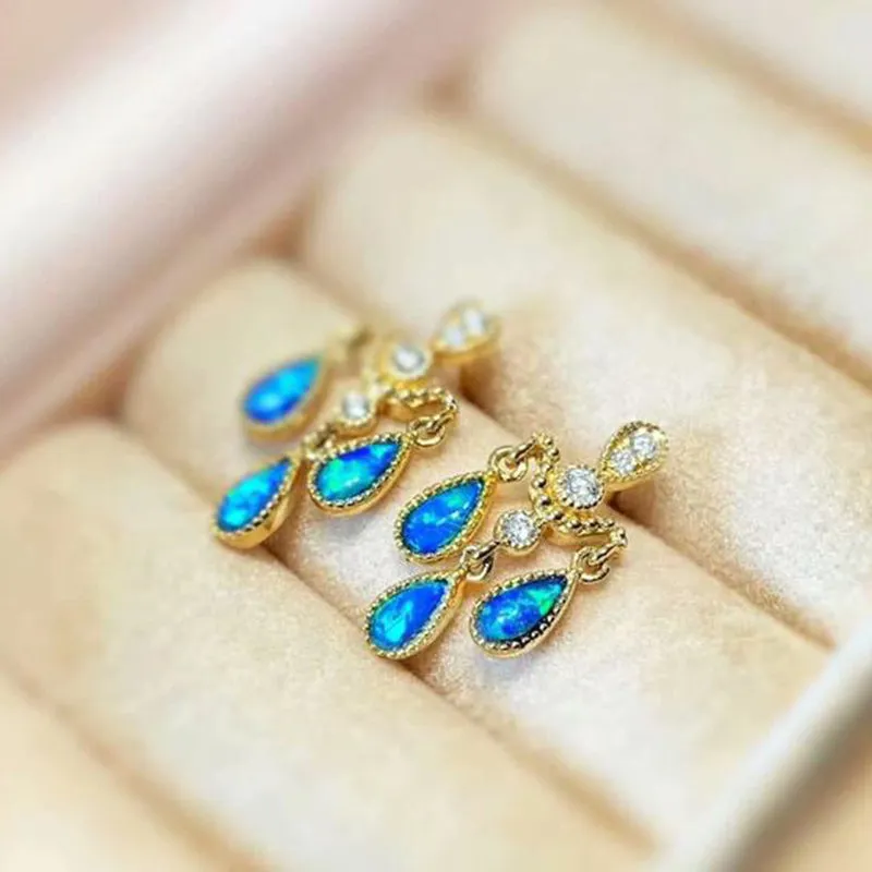 18K Gold Pear Cut Natural Opal  Diamond Exquisite Earrings