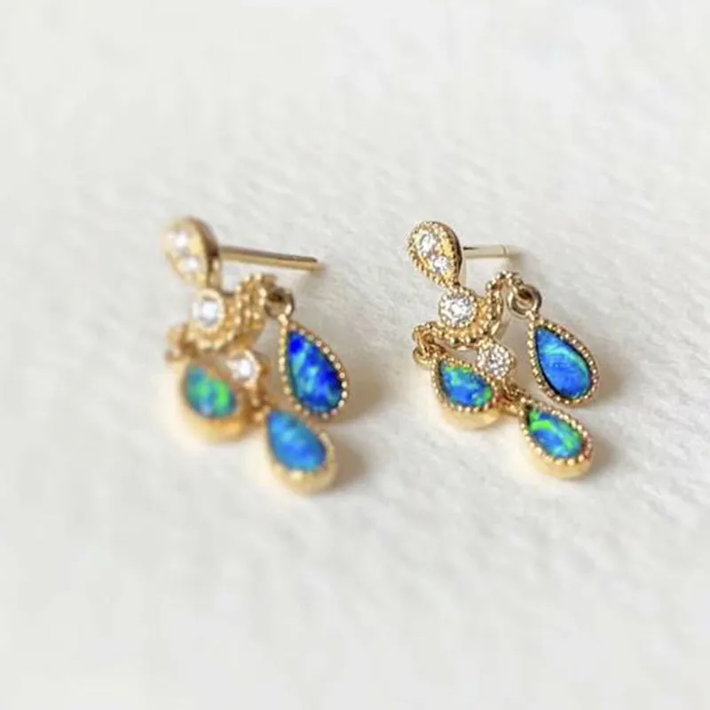 18K Gold Pear Cut Natural Opal  Diamond Exquisite Earrings