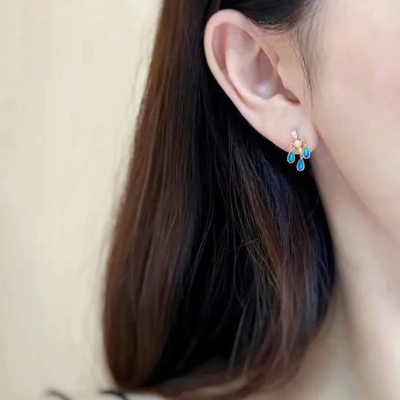 18K Gold Pear Cut Natural Opal  Diamond Exquisite Earrings