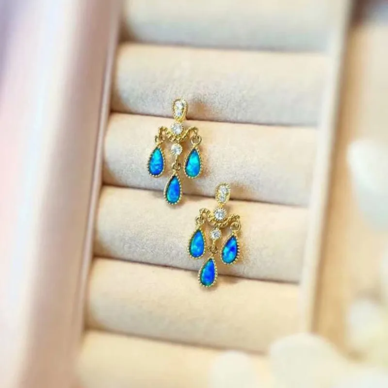 18K Gold Pear Cut Natural Opal  Diamond Exquisite Earrings