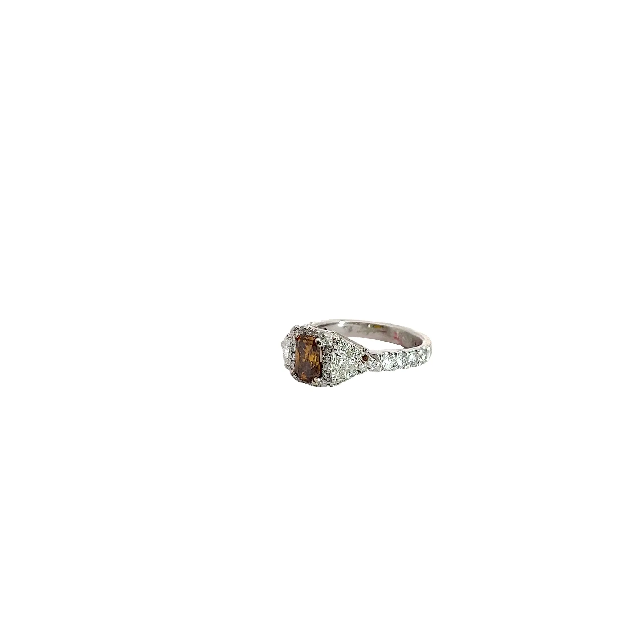 18k White Gold .73ct Fancy Deep Brownish Orangy Yellow Radiant Chocolate  Diamond, .50ct Trillion , .58ct Baguette and .89ct Round F VS2 Diamond Engagement Ring Certified By GIA # 5141486817