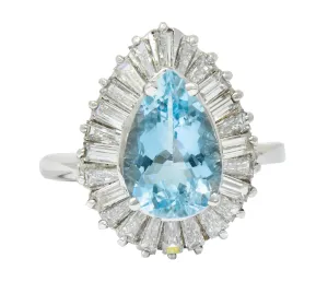 1950's Mid-Century 4.61 CTW Aquamarine Diamond Platinum Ballerina Halo Ring