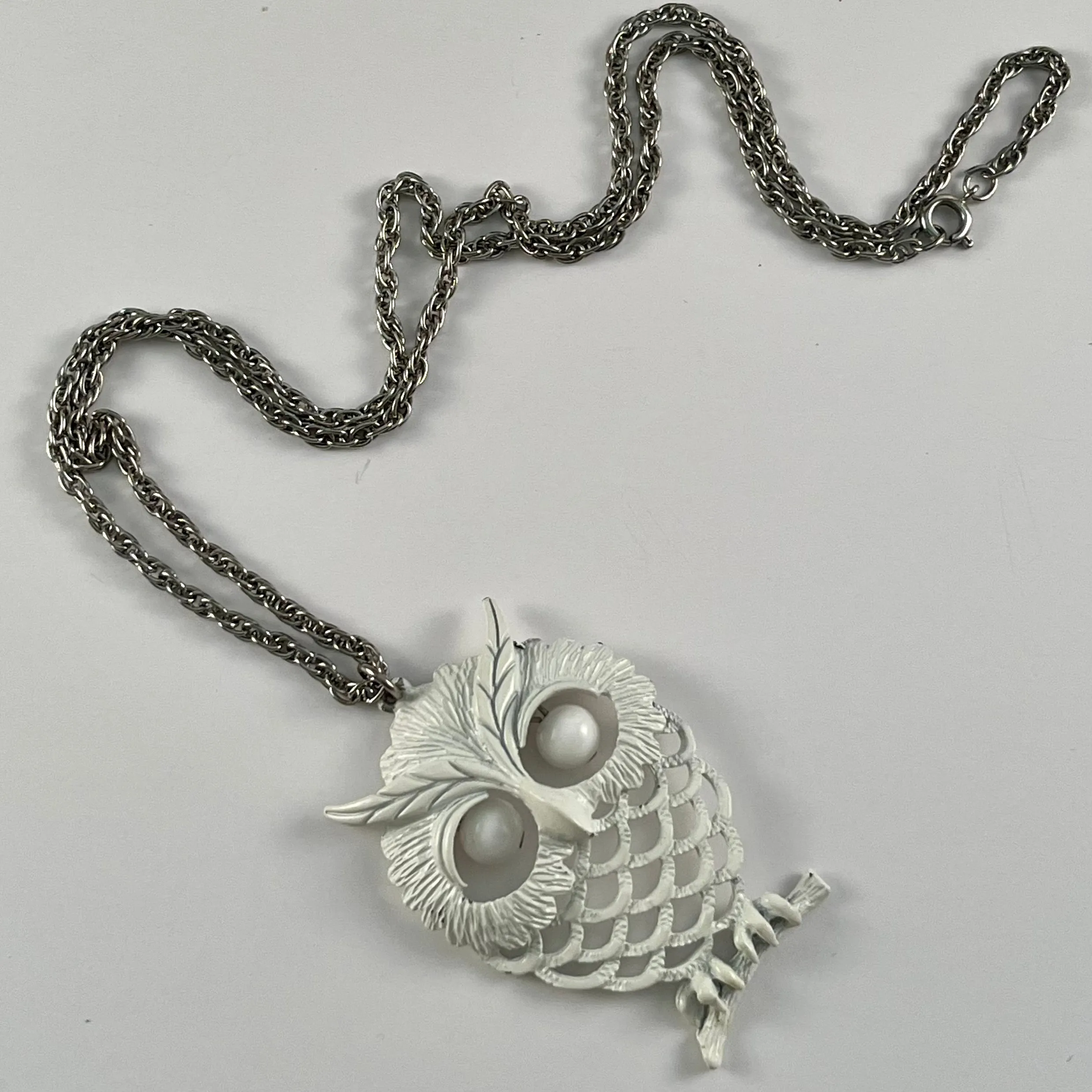 1970s White Enamel Owl Pendant Necklace
