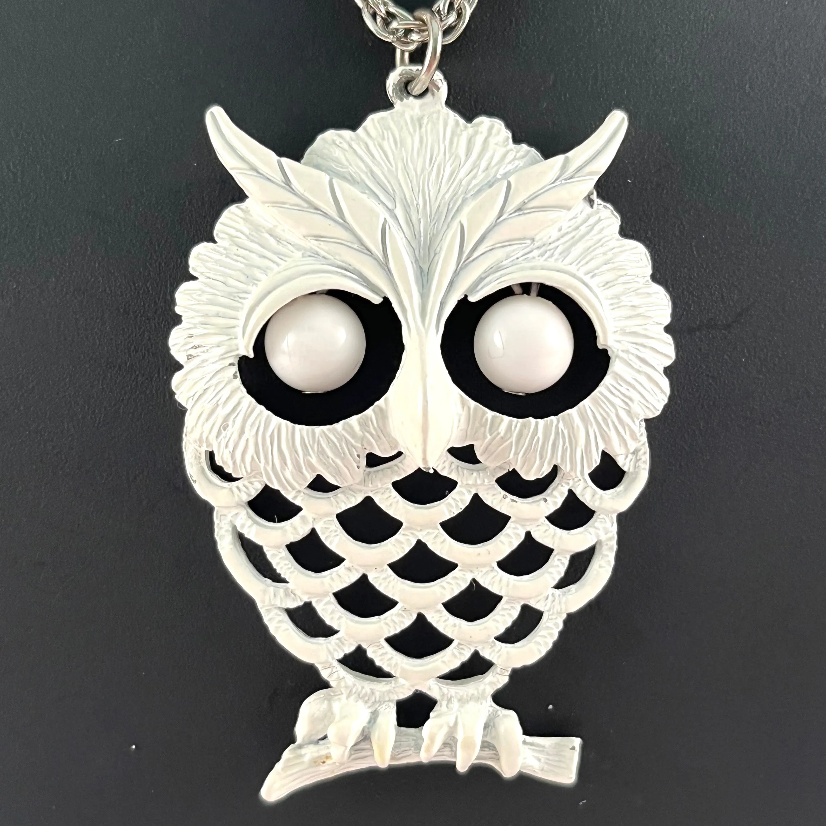 1970s White Enamel Owl Pendant Necklace