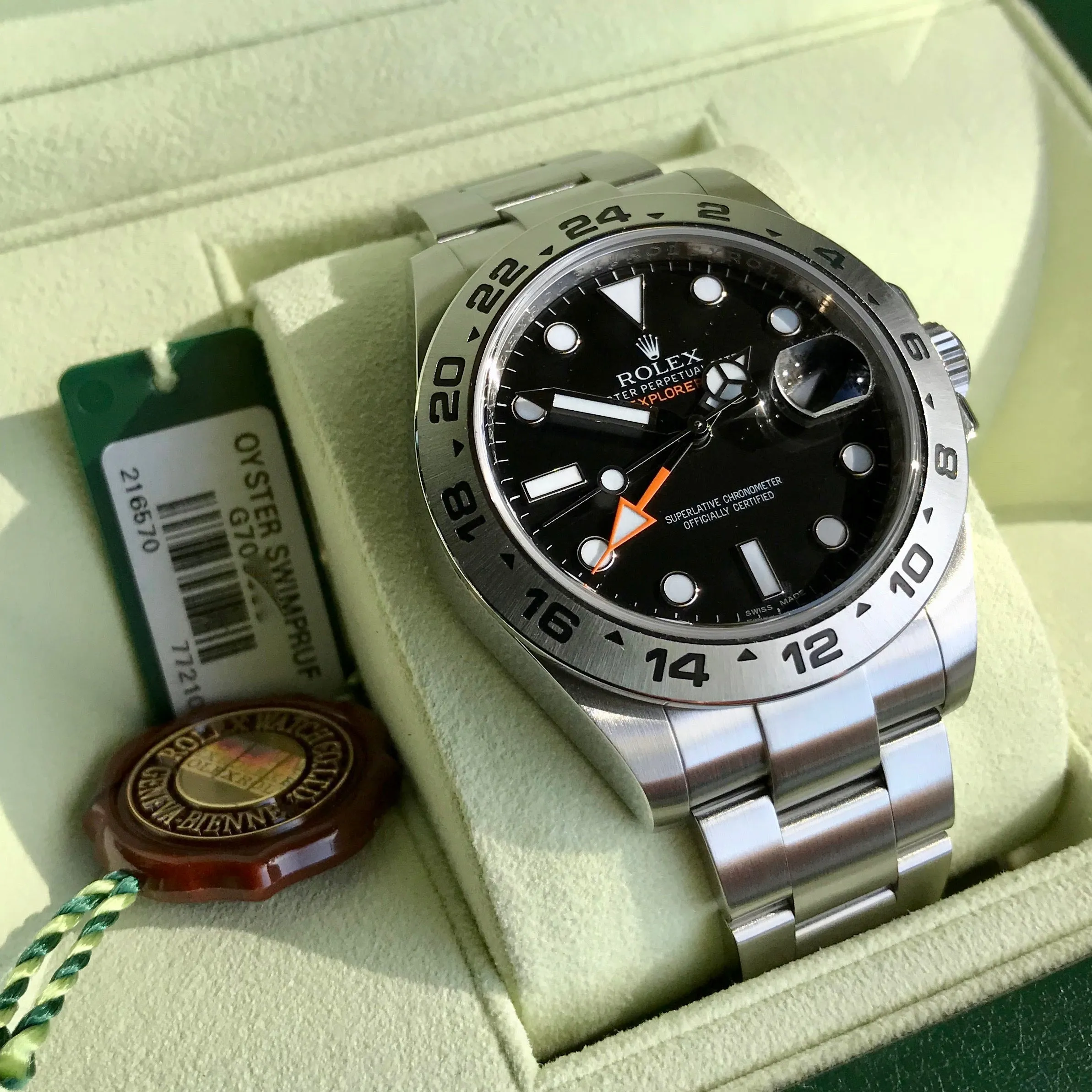 2009 Rolex Explorer II 216570 Black GMT Oyster Perpetual Stainless Steel Wristwatch Box & Papers
