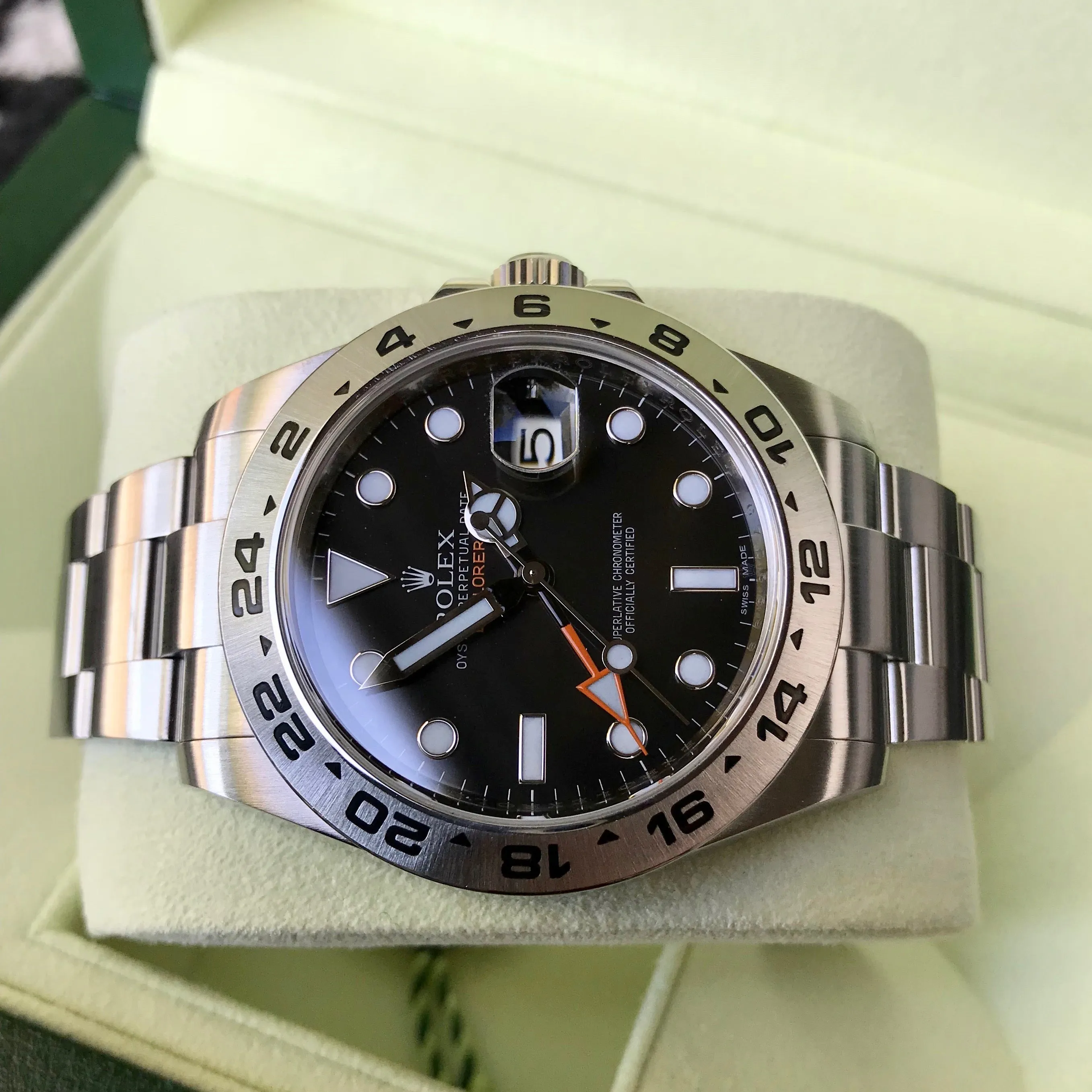 2009 Rolex Explorer II 216570 Black GMT Oyster Perpetual Stainless Steel Wristwatch Box & Papers