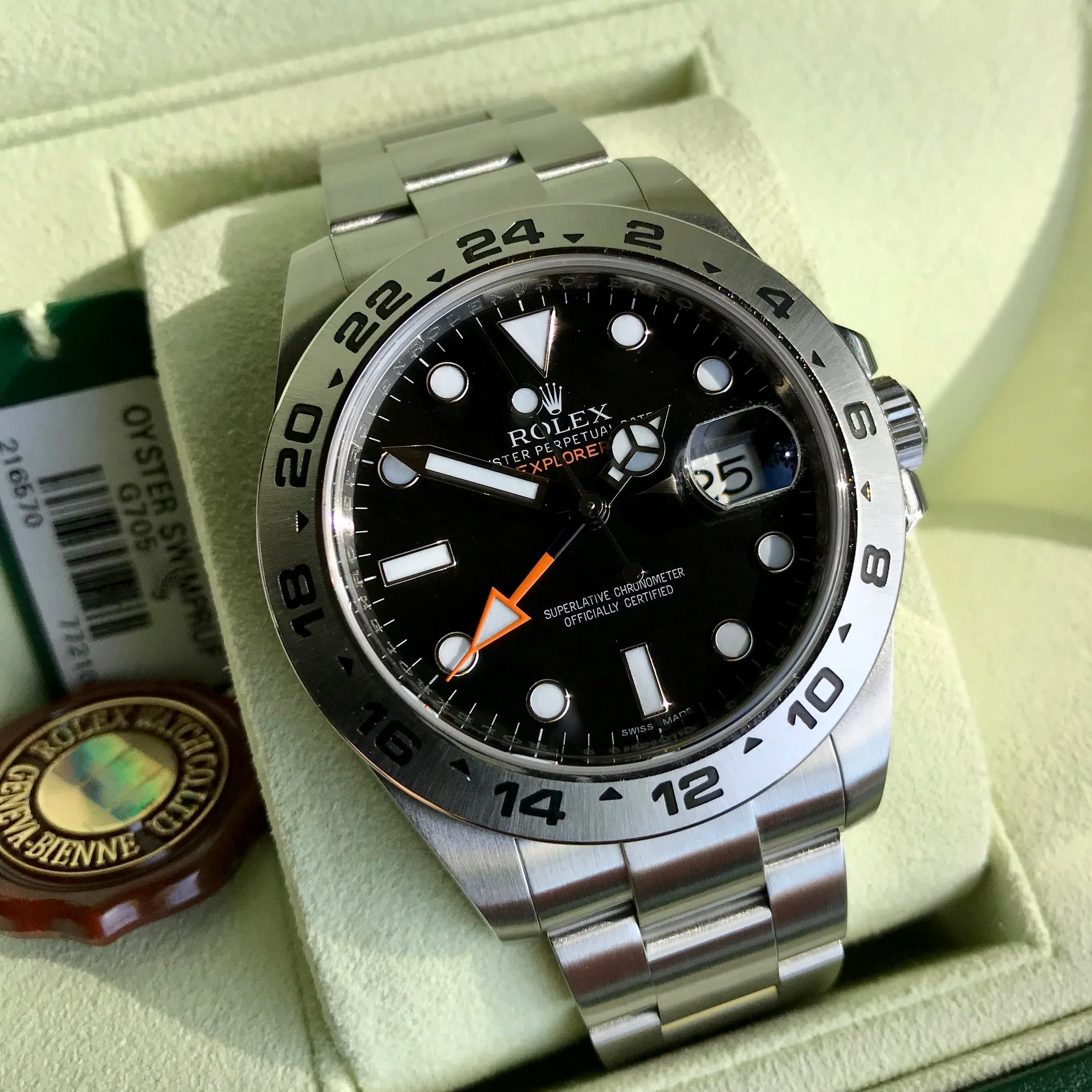 2009 Rolex Explorer II 216570 Black GMT Oyster Perpetual Stainless Steel Wristwatch Box & Papers