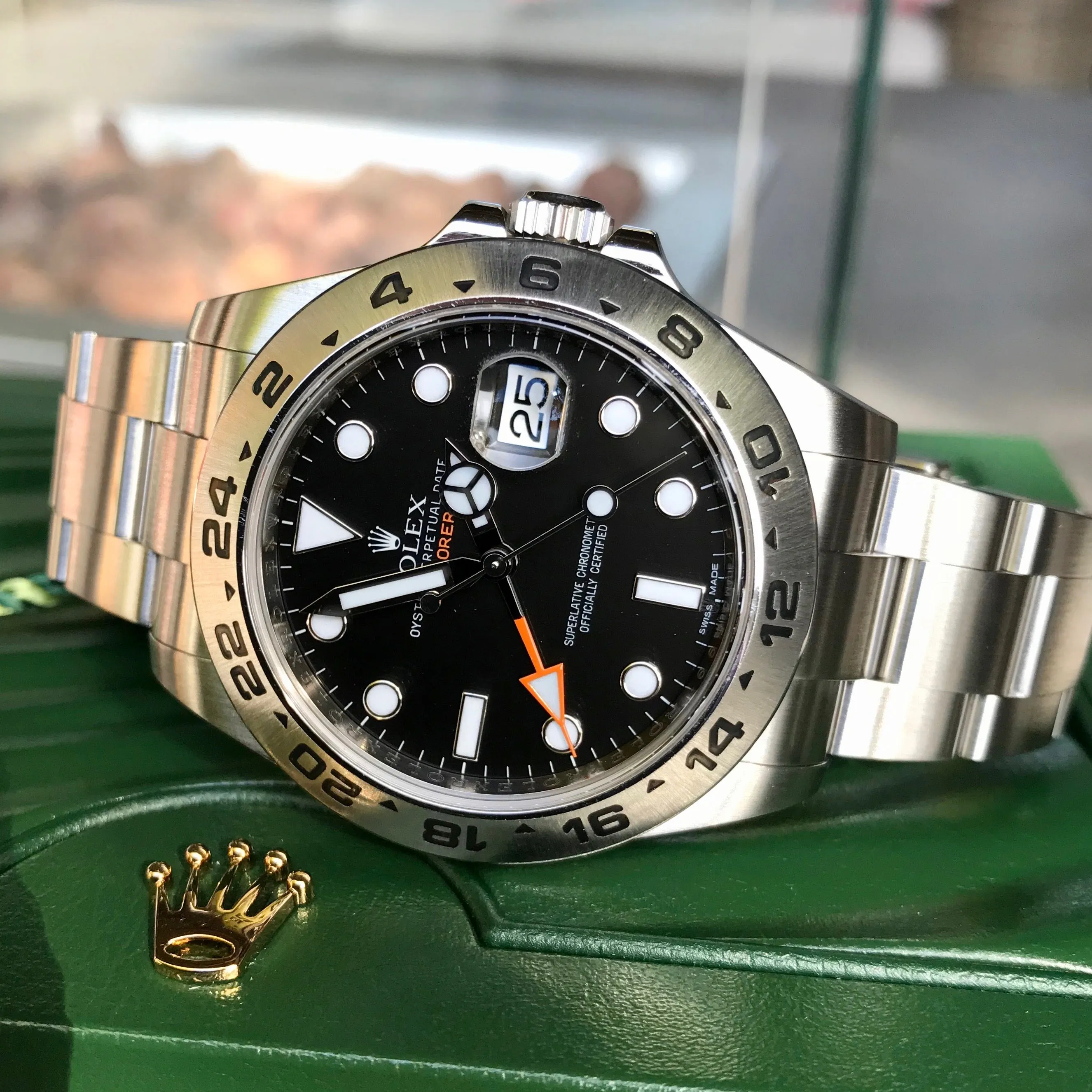 2009 Rolex Explorer II 216570 Black GMT Oyster Perpetual Stainless Steel Wristwatch Box & Papers