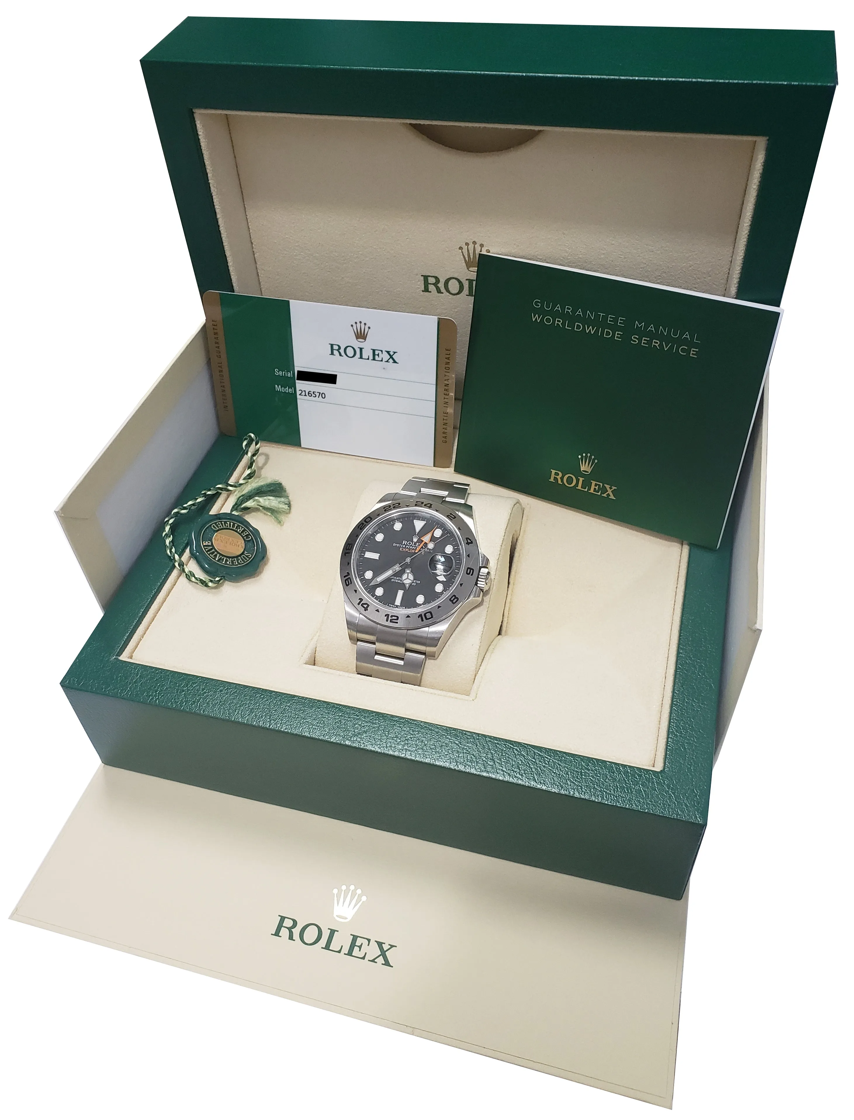2017 UNPOLISHED Rolex Explorer II 42mm 216570 Black Orange Steel GMT Date Watch