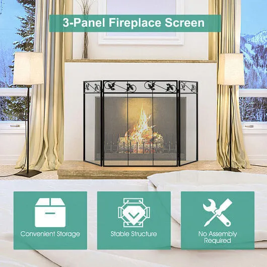 3-Panel Fireplace Screen Decor Cover with Exquisite Pattern - Color: Black