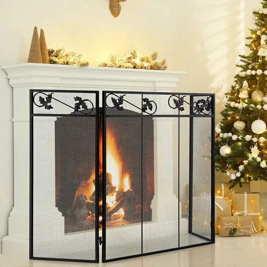 3-Panel Fireplace Screen Decor Cover with Exquisite Pattern - Color: Black