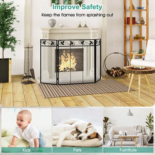 3-Panel Fireplace Screen Decor Cover with Exquisite Pattern - Color: Black