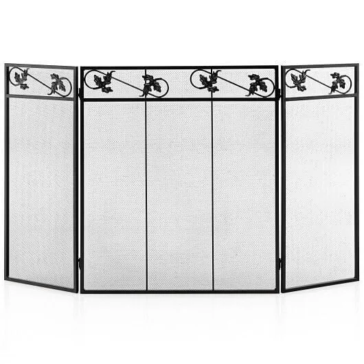 3-Panel Fireplace Screen Decor Cover with Exquisite Pattern - Color: Black