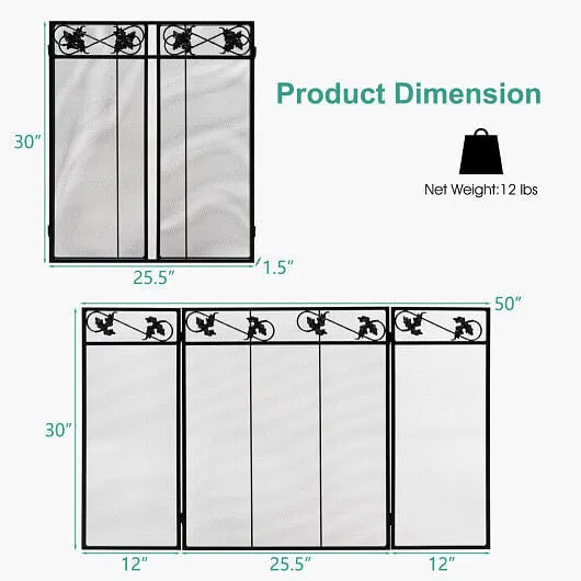 3-Panel Fireplace Screen Decor Cover with Exquisite Pattern - Color: Black