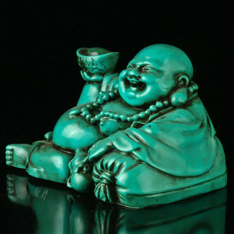 4.25''L- Chinese Natural Antique Exquisite Turquoise Handcarved Sculpture Buddha Statue