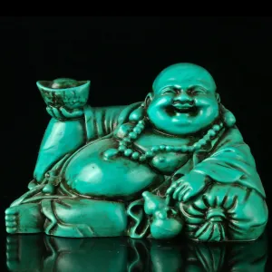 4.25''L- Chinese Natural Antique Exquisite Turquoise Handcarved Sculpture Buddha Statue