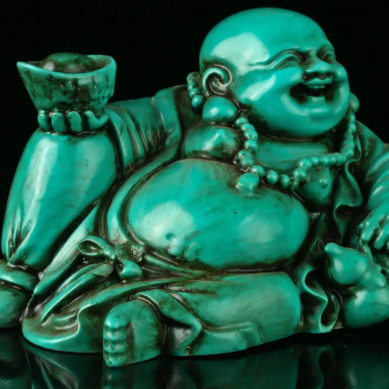 4.25''L- Chinese Natural Antique Exquisite Turquoise Handcarved Sculpture Buddha Statue