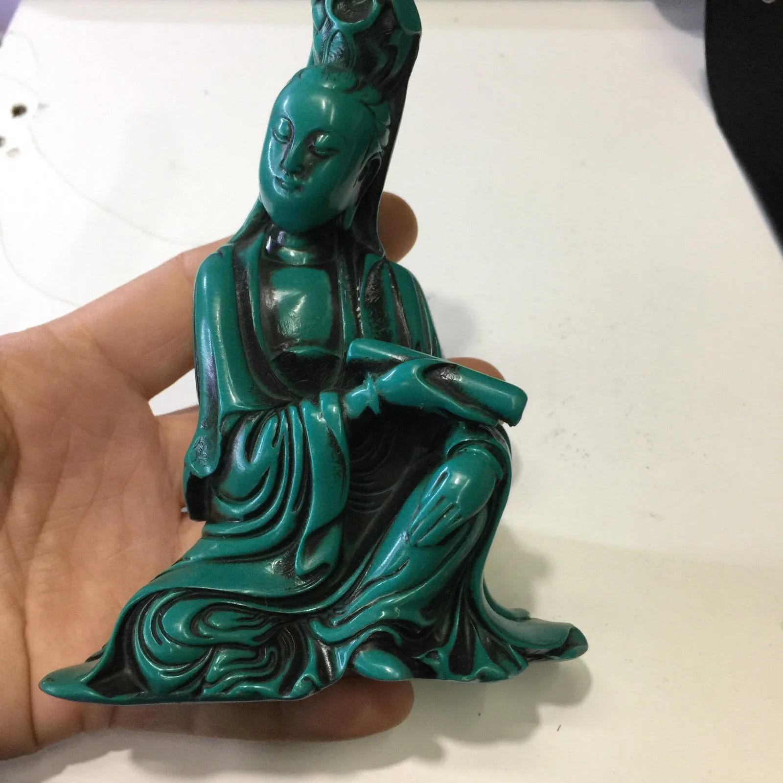 4.72''H- Chinese Natural Antique Exquisite Turquoise Handcarved Sculpture Guanyin Statue