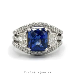 4.88ct Rectangle Sapphire Ring with 1.55cttw Diamond Accents in Platinum - Includes EGL Certificate