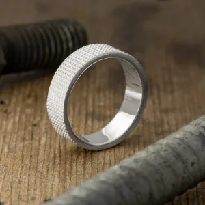 6mm 14k White Gold Mens Wedding Band, Knurling Texture