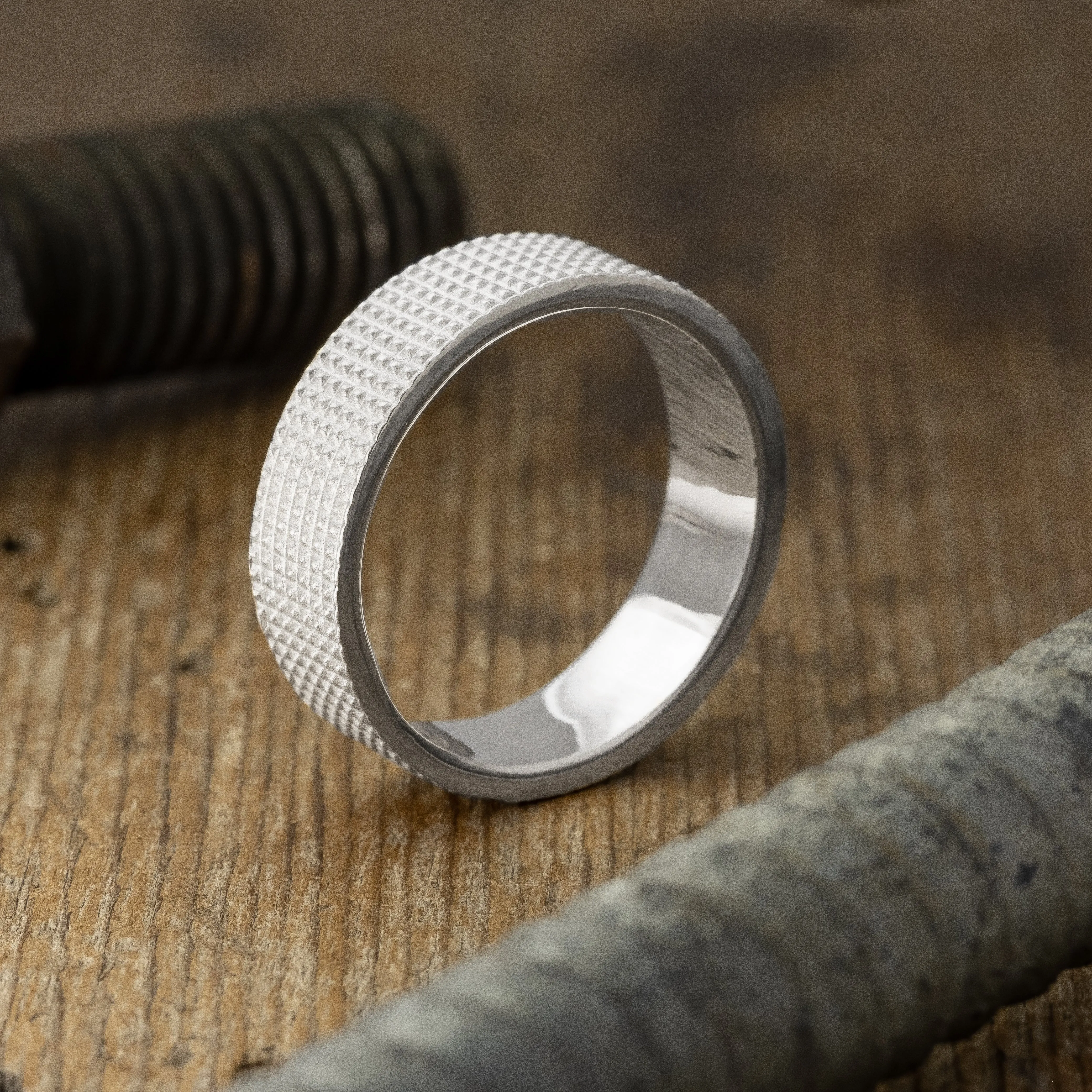 6mm 14k White Gold Mens Wedding Band, Knurling Texture