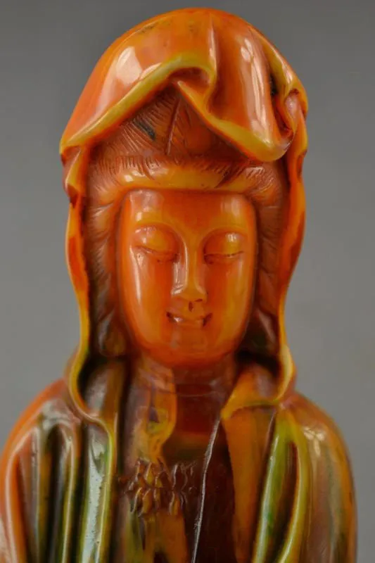 7.3''H- Chinese Natural Antique Exquisite GEOMANTIC AMBER Handcarved Sculpture Guanyin Statue