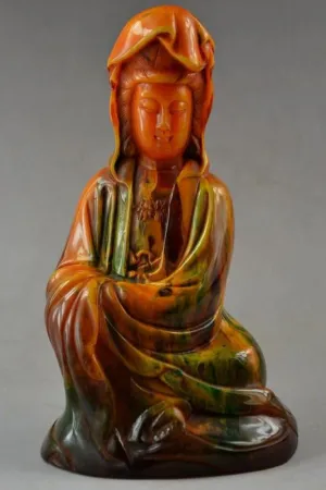 7.3''H- Chinese Natural Antique Exquisite GEOMANTIC AMBER Handcarved Sculpture Guanyin Statue