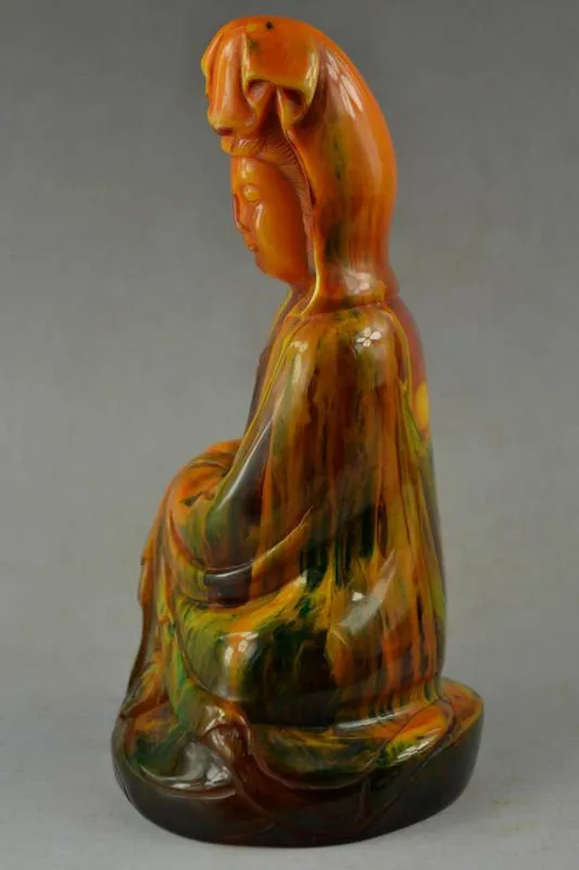 7.3''H- Chinese Natural Antique Exquisite GEOMANTIC AMBER Handcarved Sculpture Guanyin Statue