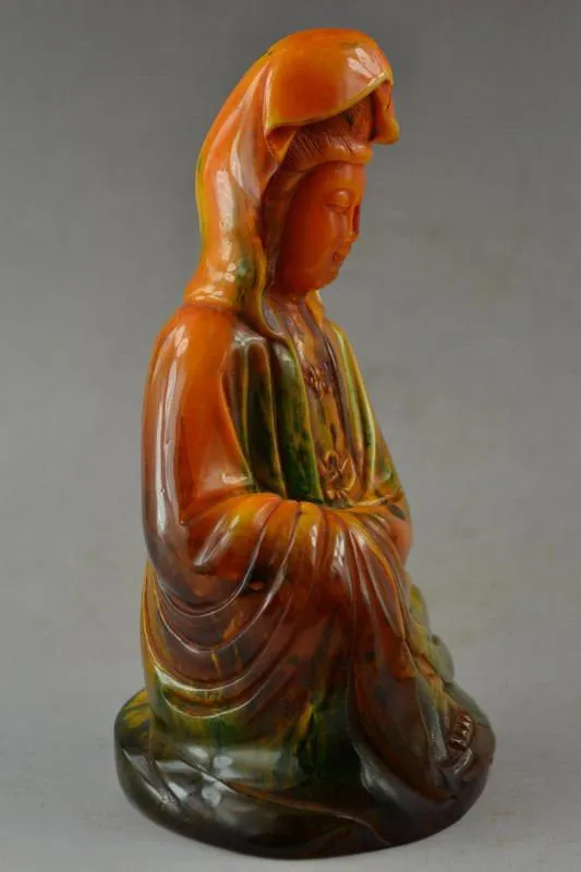 7.3''H- Chinese Natural Antique Exquisite GEOMANTIC AMBER Handcarved Sculpture Guanyin Statue