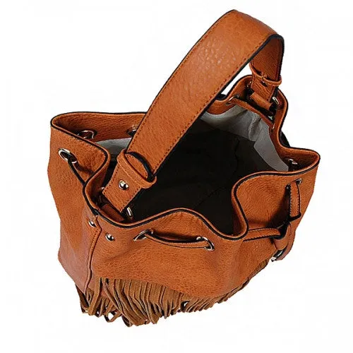 ADO | Drawstring Fringe Hobo Handbag Beige