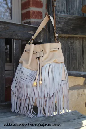 ADO | Drawstring Fringe Hobo Handbag Beige