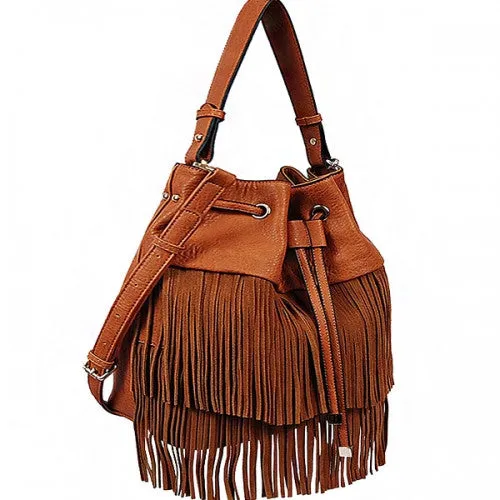 ADO | Drawstring Fringe Hobo Handbag Beige