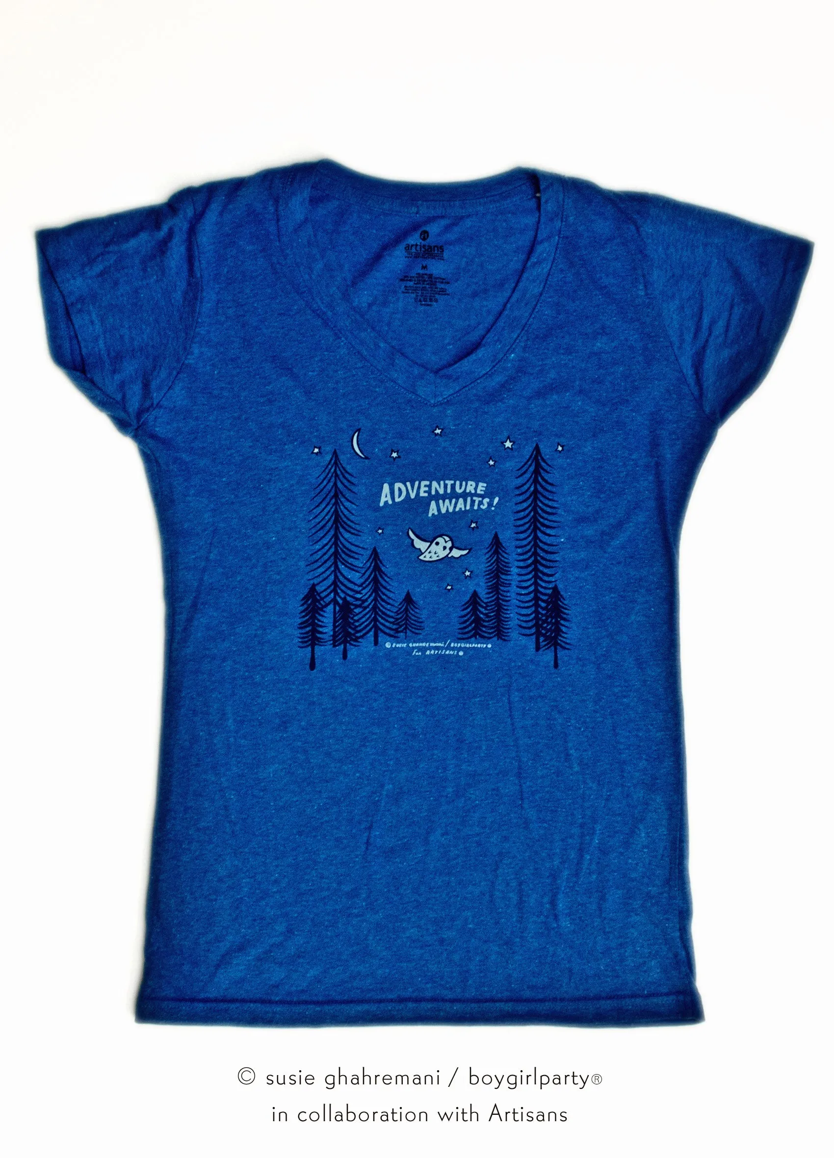 Adventure Awaits Women's Shirt -- V-Neck Tee (Blue)