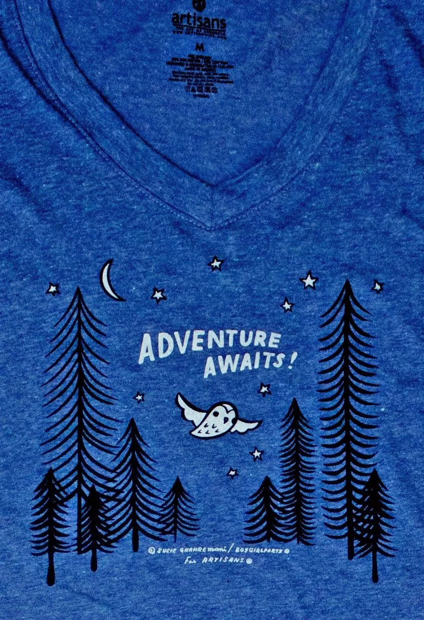 Adventure Awaits Women's Shirt -- V-Neck Tee (Blue)